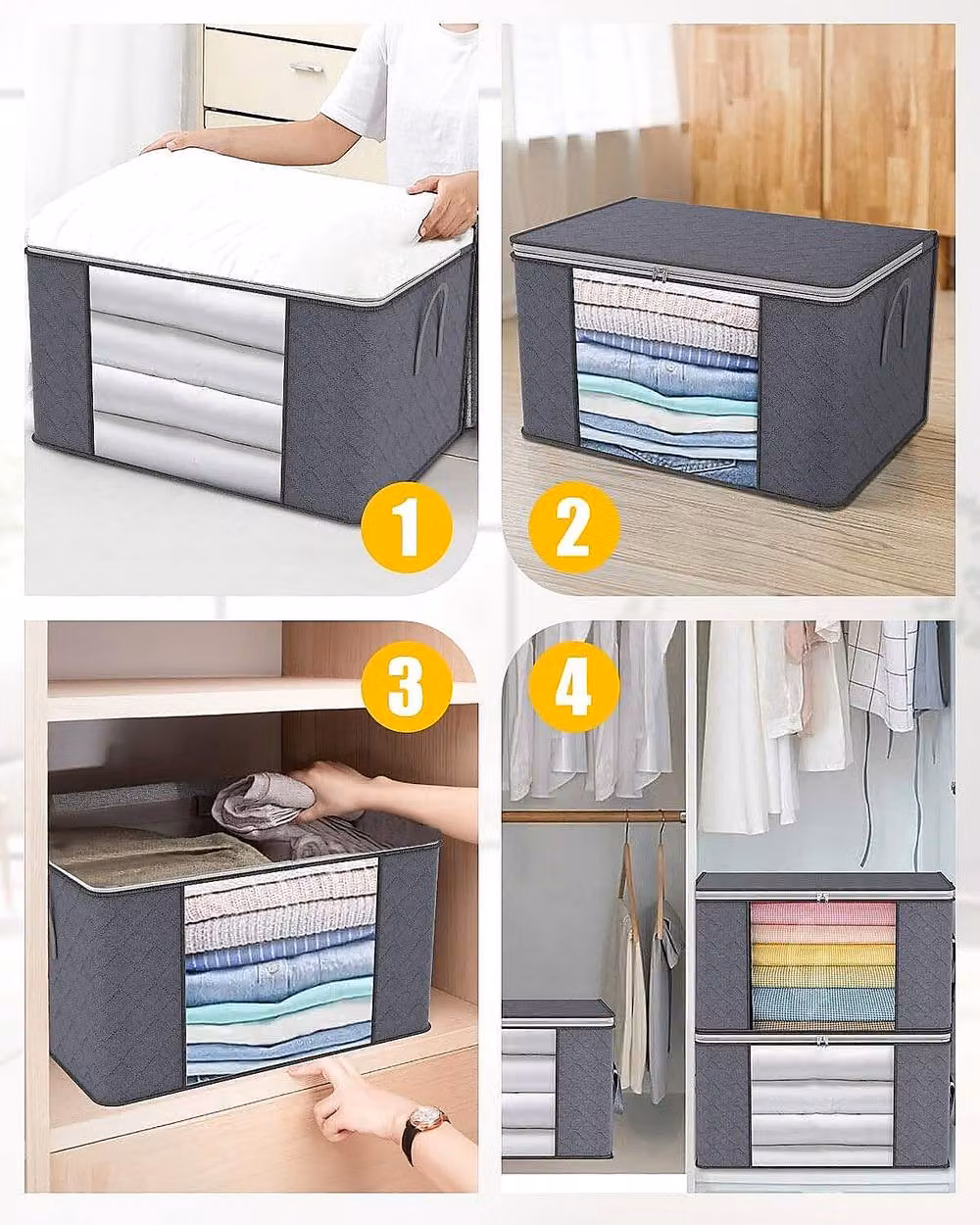 YnysTec 4-Piece Zipped Clothes Storage Bags and Wardrobe Organiser Boxes, Grey, W/D/H: 40 x 60 x 35 cm, 40 x 35 x 40 cm – 4