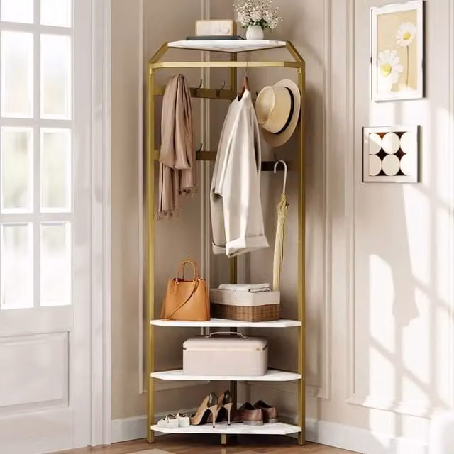 VOGREX Gold Modern Hall Tree with 3-Tier Shoe Rack and Coat Rail – 1