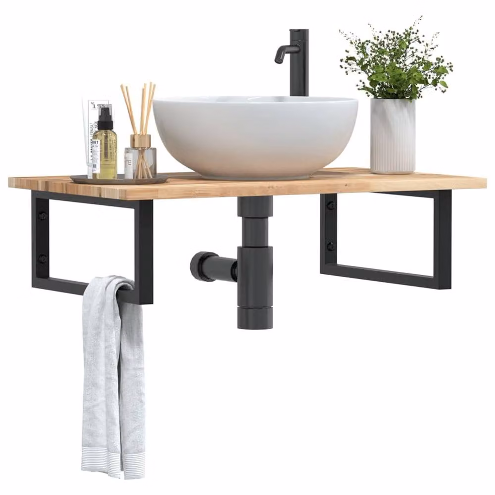 Berkfield Home Wall Mounted Basin Shelf in Brown Acacia Wood and Steel – 1
