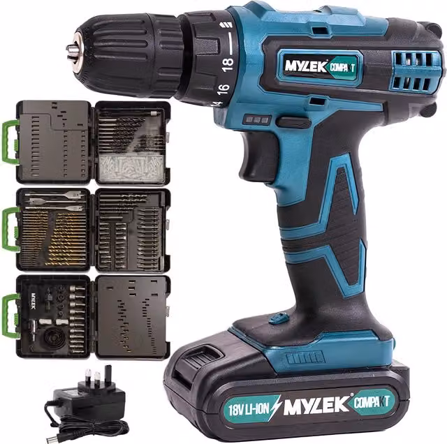 MYLEK Cordless LED Drill with 4ORCE Accessory Kit in Blue and Black