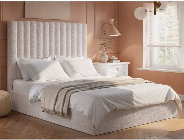 Flair Bouclé Upholstered Ottoman Bed in Cream/Beige, W/D/H: 180 x 200 cm