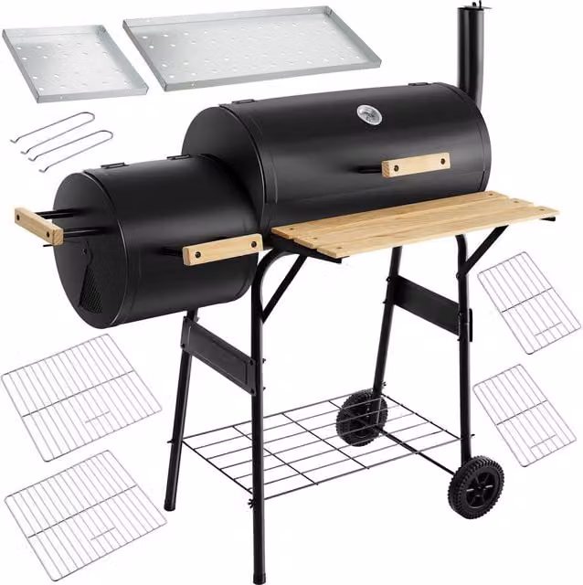 tectake 2-in-1 Charcoal Grill Smoker with Thermometer and 2 Chambers, Black, W/D/H: 116.0 x 110.0 cm