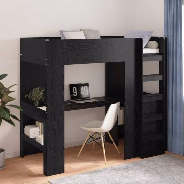 Berkfield Home Loft Bed Frame with Desk in Black Oak, W/D/H: 190 x 90 x 175 cm – 1
