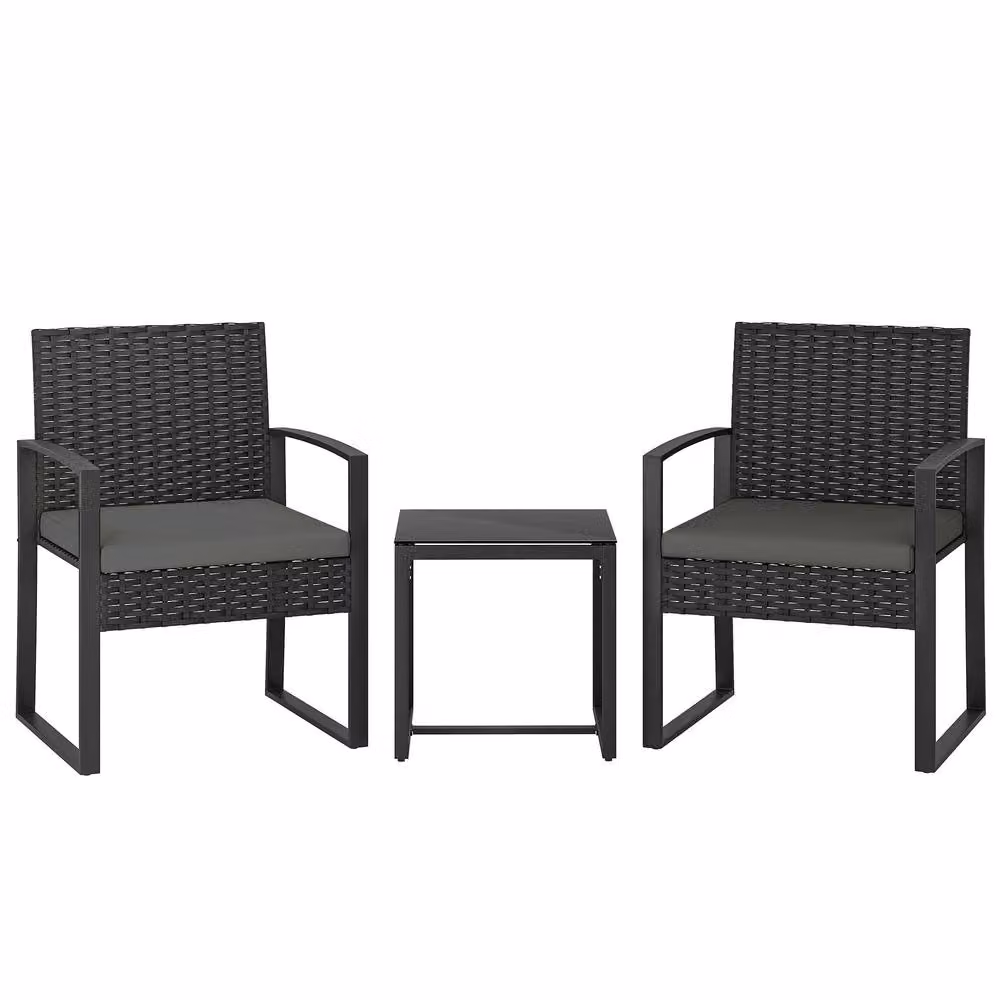 OUTSUNNY 3 Piece Rattan Bistro Set with Cushions in Dark Grey – 2