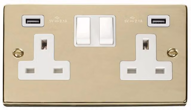 SE HOME Flush Double Switched Socket with Brass Plate in Gold and White
