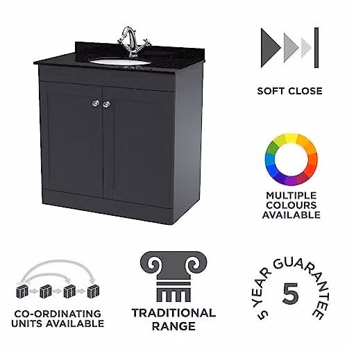 nuie Classique Floor Standing 2 Door Bathroom Unit with Marble Worktop and Round Basin in Satin Anthracite and Soft Black, W: 82 cm, D: 48.5 cm, H: 87.8 cm – 3