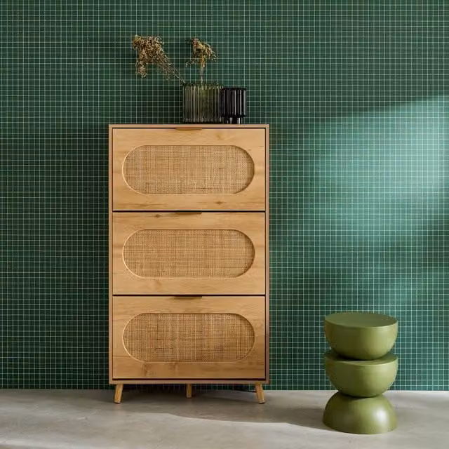 sweeek Boho Wood and Cane Shoe Cabinet in Beige with 3 Drawers and Hinged Doors, W/D/H: 75 x 26 x 131 cm – 1