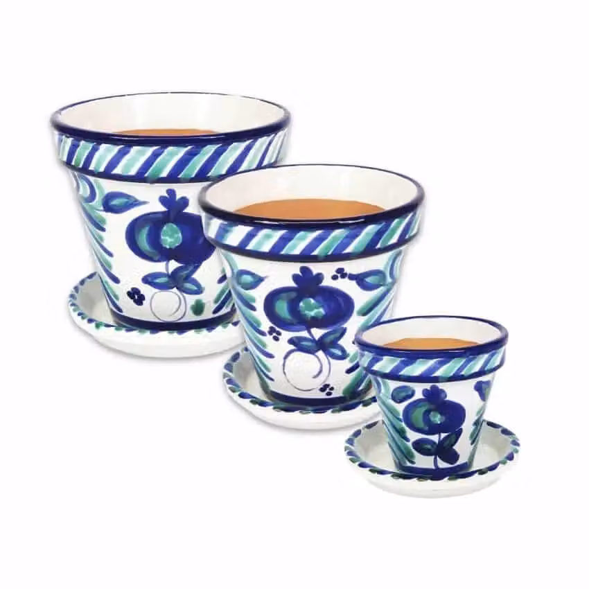 Verano Spanish Ceramics Granada Hand Painted White and Blue Ceramic Planter Set of 3 with Drainage Plates W/D/H: 16 x 14 x 23 cm, 23 x 22 x 29 cm, 29 x 27 x 29 cm – 2