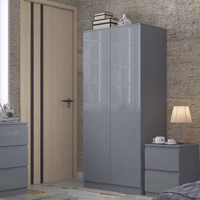 FWStyle Grey Gloss 2 Door Scandinavian Wardrobe with Soft Close and Push to Open Mechanism