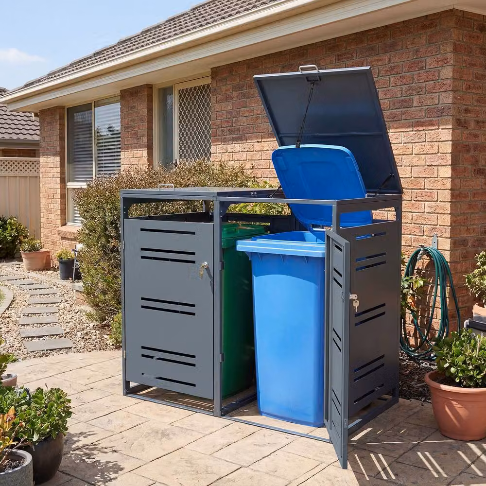 Costway Lockable Double Outdoor Garbage Bin Storage Shed in Grey, Galvanised Steel Bin Store, W/D/H: 132.0 x 80.0 x 117.0 cm – 4