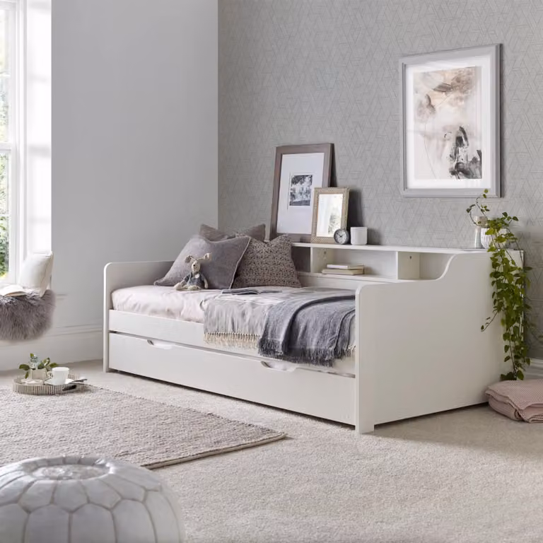Rest Relax Trent Solid Wood Single Guest Bed in White with Bedside Shelves, 90 x 190 cm