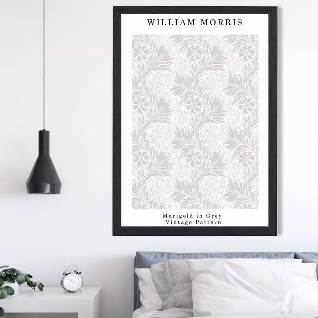 ARTZE William Morris Marigold Floral Art Print in Grey with Black Frame, A2