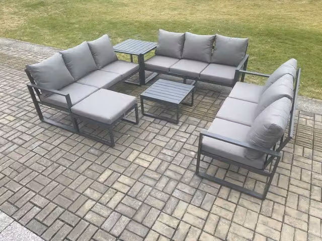 Fimous 10 Seater Grey Powder Coated Aluminium Outdoor Garden Furniture Set with L-Shape Sofa, Coffee Table and Ottoman