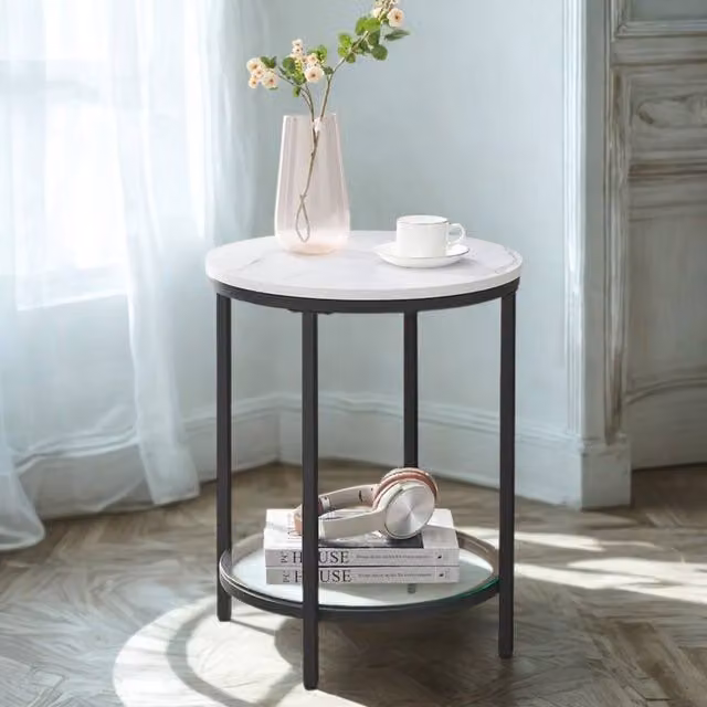 Pirlo Plush 2 Tier Round Faux Marble Accent Coffee Side Table in White, W/D/H: 45 x 45 x 55 cm