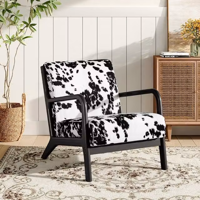Livingandhome Mid-Century Animal Print Upholstered Armchair in Black and White