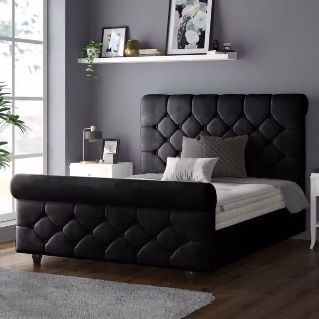 IH Design Chesterfield Upholstered Velvet Bed Frame, Black, W/D/H: 90 x 200 cm
