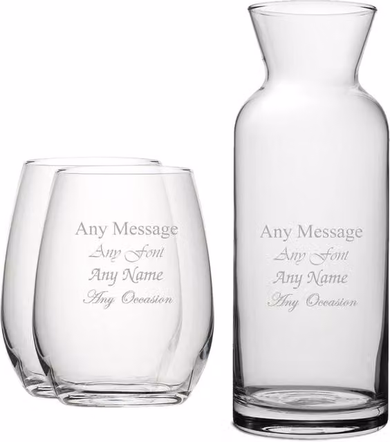Uniqueful Personalised Set of 2 Stemless Wine Glasses and Village Carafe in Clear Glass