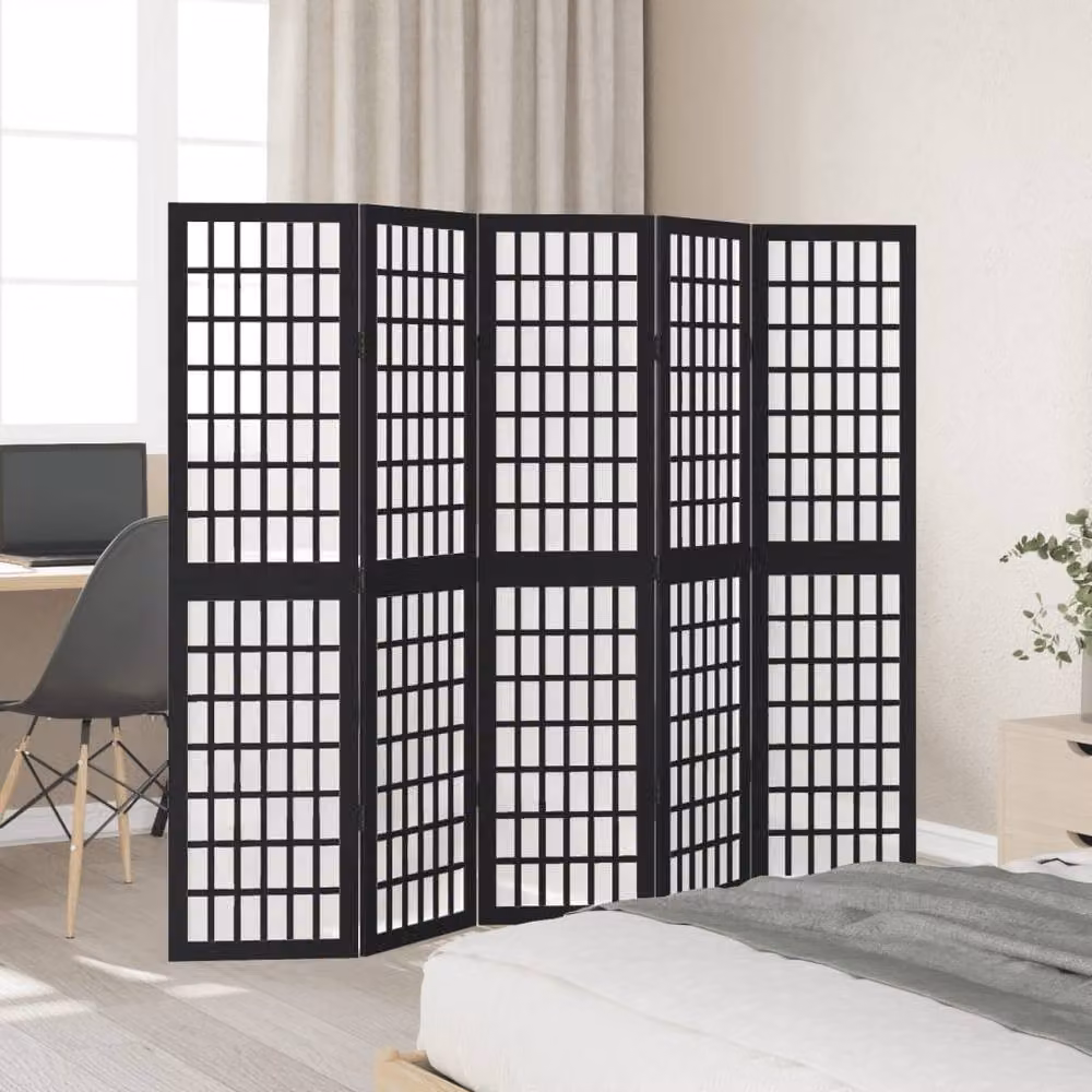 Berkfield Home 5-Panel Room Divider in Black Solid Paulownia Wood – 2