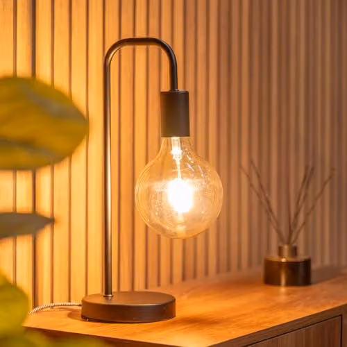 ValueLights Pair of Industrial Style Black Metal Curved Stem Bedside Table Lamps with LED Bulbs – 3