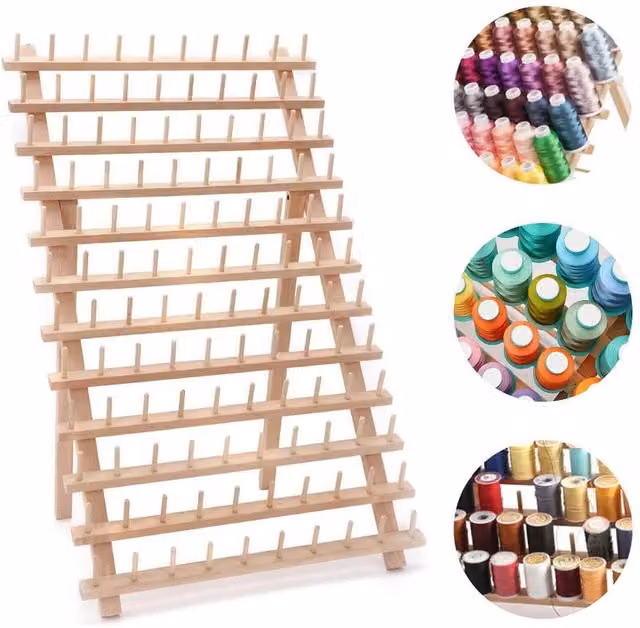 EONLION Brown Wood Wall Mounted 120 Spool Tailor Thread and Bobbin Storage Rack