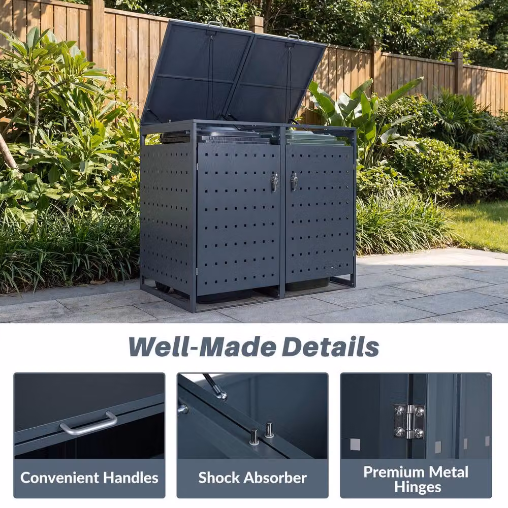 Costway Outdoor Metal Garbage Bin Storage Shed for 2 Trash Cans in Grey – 7