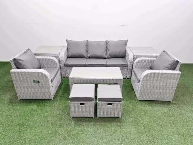 Fimous PE Rattan Garden Furniture Set in Light Grey with Upholstered Cushions, 3-Seater Sofa, Lounge Armchairs, Coffee Table and Ottoman