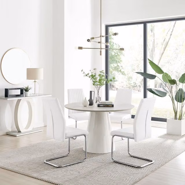 FurnitureboxUK Palma Beige Stone Effect Round Dining Table and 4 Lorenzo Chairs in White