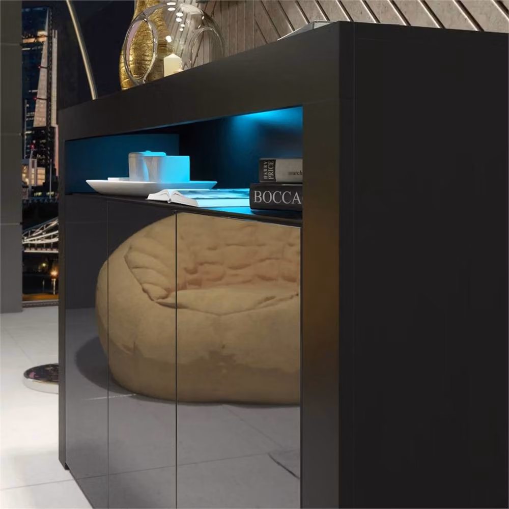 PAWNORA Modern TV Stand Sideboard with Integrated Lighting, Black Matt Body and Black Gloss Doors – 2