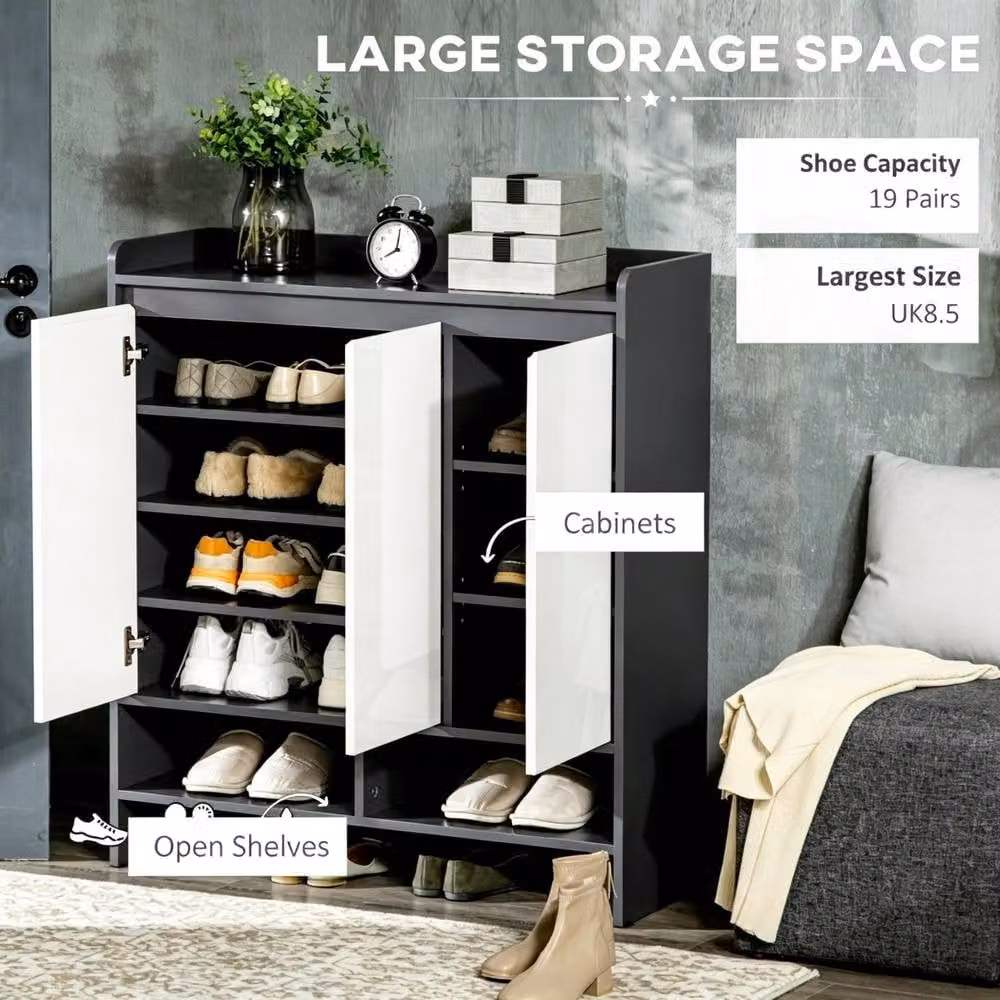 STILVORA Grey and White Modern Glossy Shoe Cabinet with Hinged Doors and Open Shelves – 5
