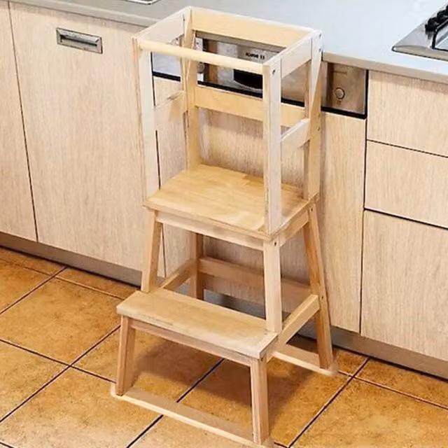 Gr8 Home Wooden Childrens Toddler Learning Step Stool Kitchen Helper Tower in Natural Sand – 1