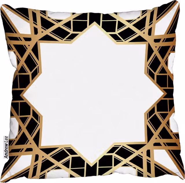 Andrew Lee Art Deco Star Border Square Cushion in Yellow and White, W: 60 cm, H: 60 cm