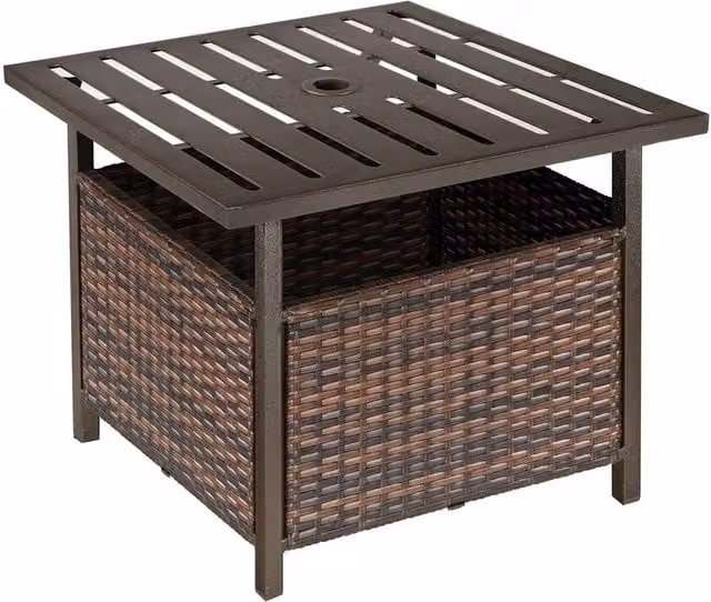 SPETLEK Rattan Outdoor Coffee Table with Umbrella Hole in Brown, W: 100 cm, D: 60 cm, H: 60 cm