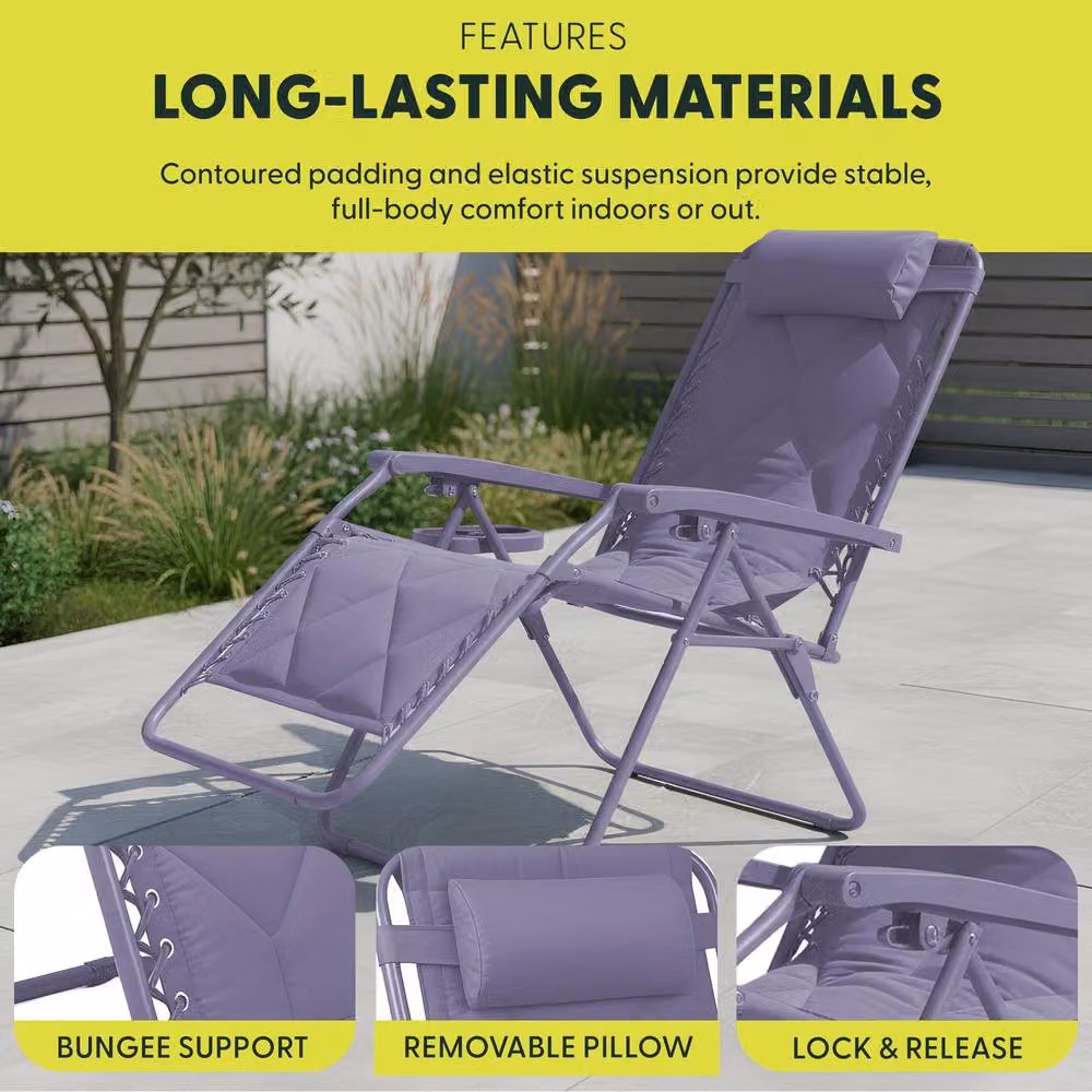 Keplin Set of 2 XXL Premium Heavy Duty Quilted Zero Gravity Chairs in Purple – 3