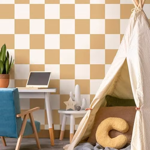 Holden Decor Modern Abstract Checked Wallpaper for Childrens Bedrooms and Nurseries in Orange, White and Beige – 3