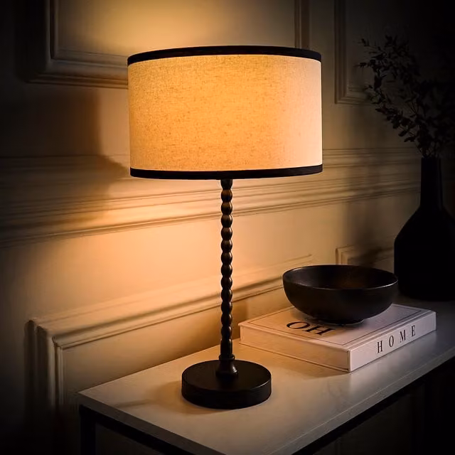 ValueLights Maeve Bobble Table Lamp with Beige Fabric Shade and LED Bulb, Black