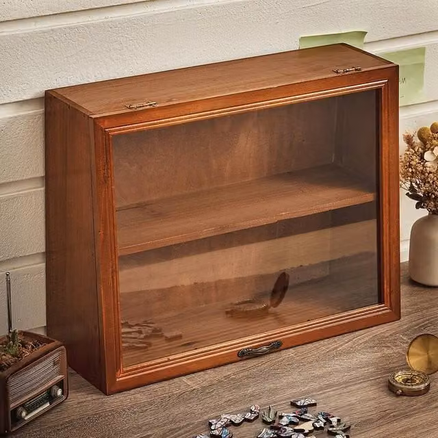 FORGEVIO Brown Wood Display Cabinet with Glass Doors and Internal Shelves