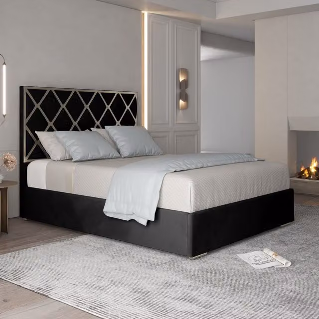 KDMD Tammy Single Upholstered Soft Velvet and Metal Bed Frame in Black – 1