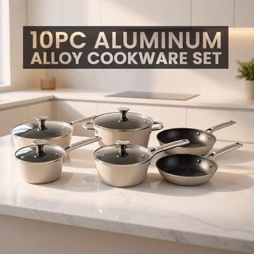 Alivio 10 Piece Non-Stick Aluminium Alloy Cookware Set with Lids in Beige, Compatible with Induction, Gas, Electric and Halogen Cooktops – 5