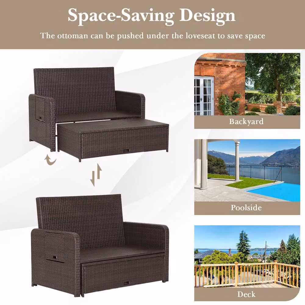 Costway White Polyrattan Patio Daybed Set with Loveseat Sofa, Ottoman and Side Tray – 6