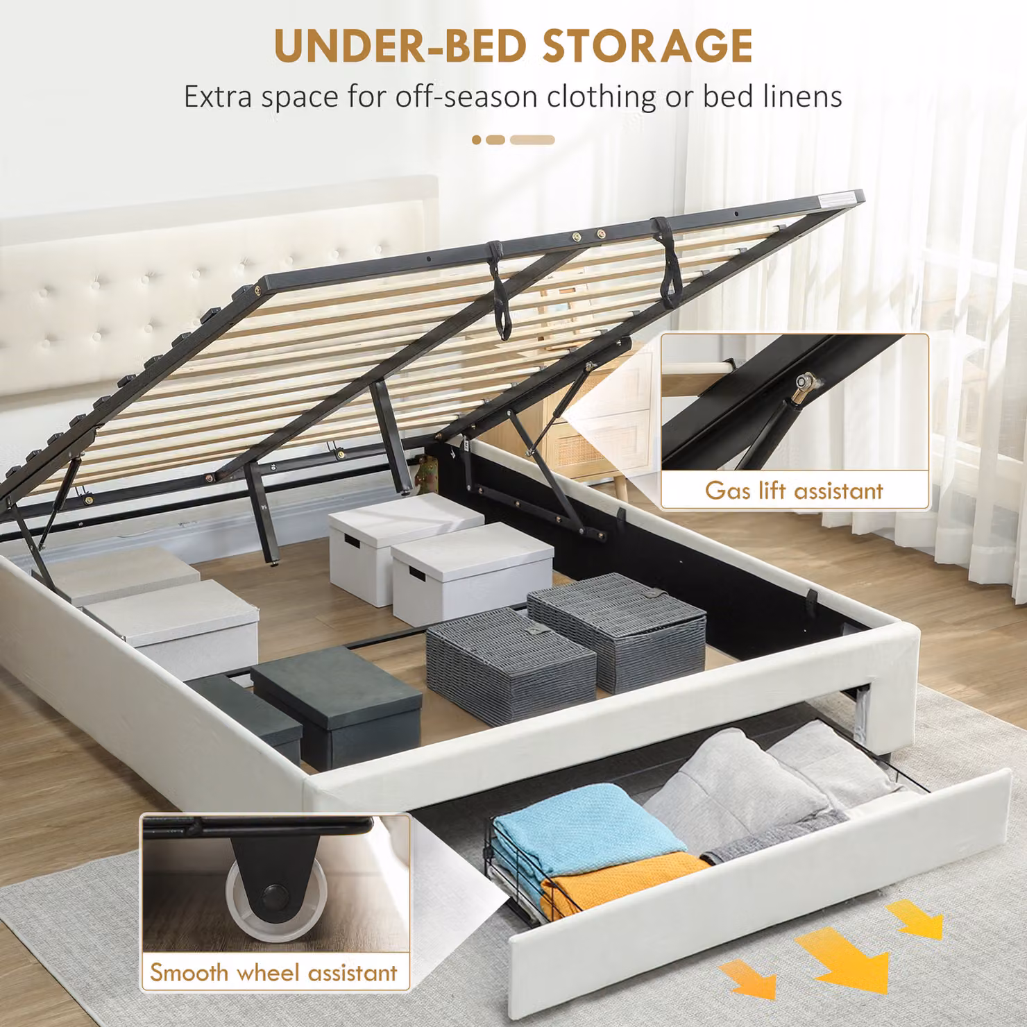 HOMCOM King Size Ottoman Bed Frame in White Velvet with Lift-Up Base and Storage, H: 157.5 cm x W: 180 cm x D: 203.5 cm – 2