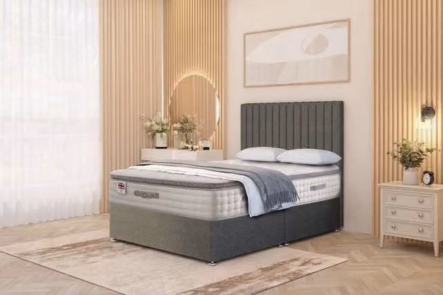 Somnior Eleanor Linen Divan Bed Set with Pillowtop Hybrid Mattress and Headboard, Mid Grey, W/D/H: 180 x 200 cm – 1