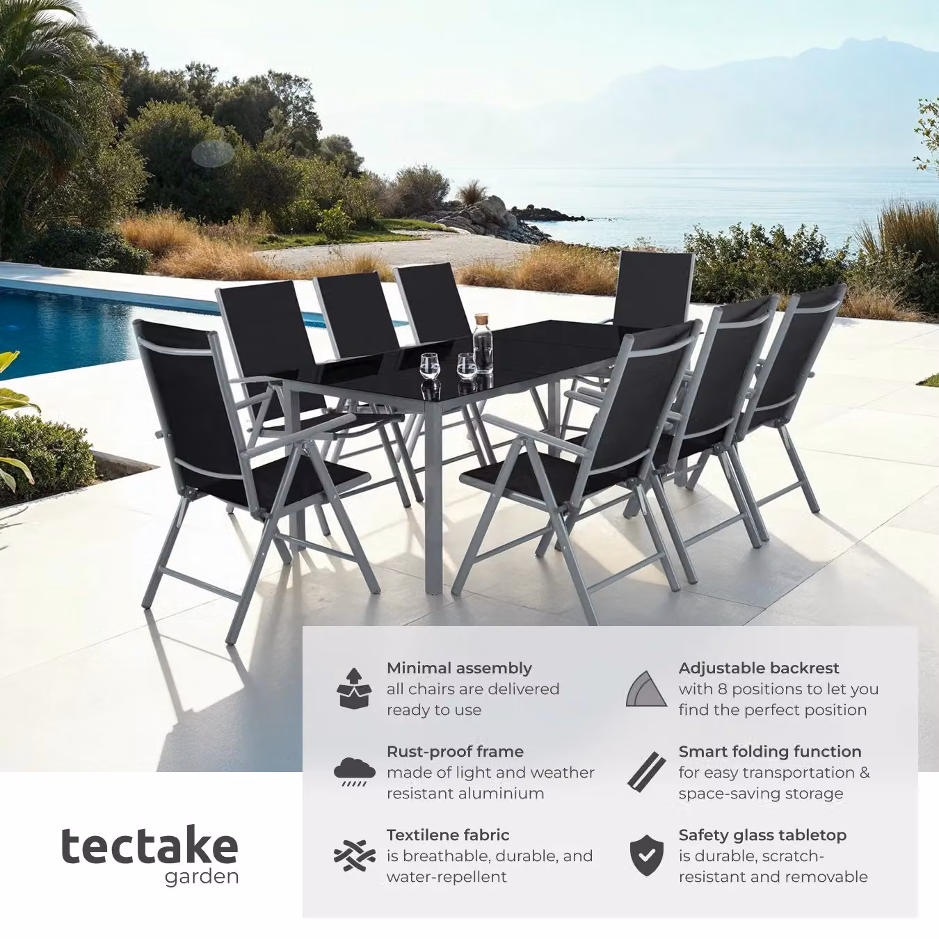 tectake Modern Powder Coated Aluminium Seating Set with Glass Table in Grey – 2