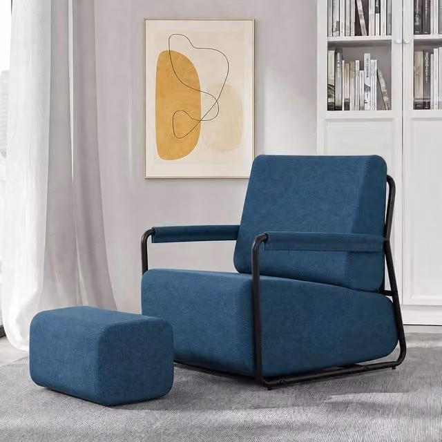 SoBuy Modern Convertible Armchair with Ottoman in Dark Blue Ribbed Fabric – 1