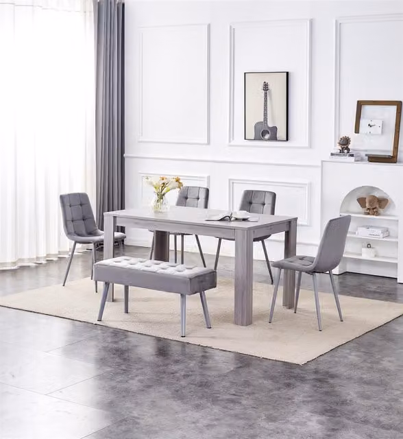 Kosy Koala Grey Velvet Dining Set with Wood Table, 4 Chairs and Bench, W/D/H: 140 x 80 x 75 cm