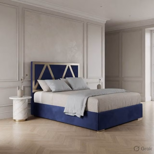 KDMD Exbourne Blue Velvet Upholstered Metal Designer Bed Frame, W/D/H: 127 x 128 x 200 cm – 1