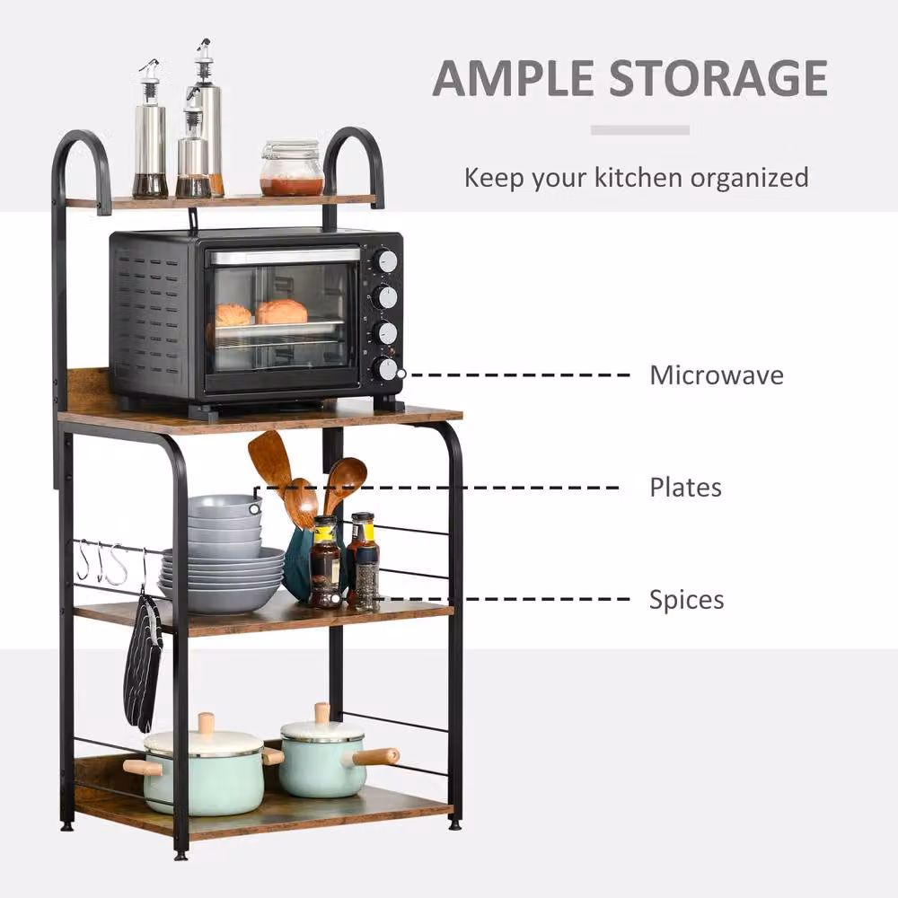 STILVORA Kitchen Storage Rack with Shelves and Hooks in Rustic Dark Brown – 4