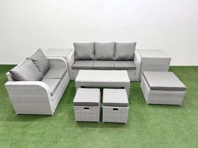 Fimous 8 Seater Grey PE Rattan Wicker Garden Furniture Set with Oblong Coffee Table, 3 Seater Sofa, Love Seat, 3 Stools and 2 Side Tables