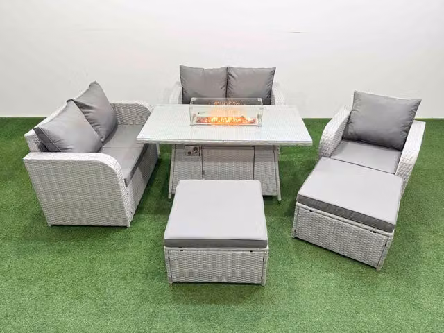 Fimous Grey Poly Rattan Garden Furniture Set with High Back Reclining Chair, Loveseat Sofa, Firepit Dining Table and 2 Stools