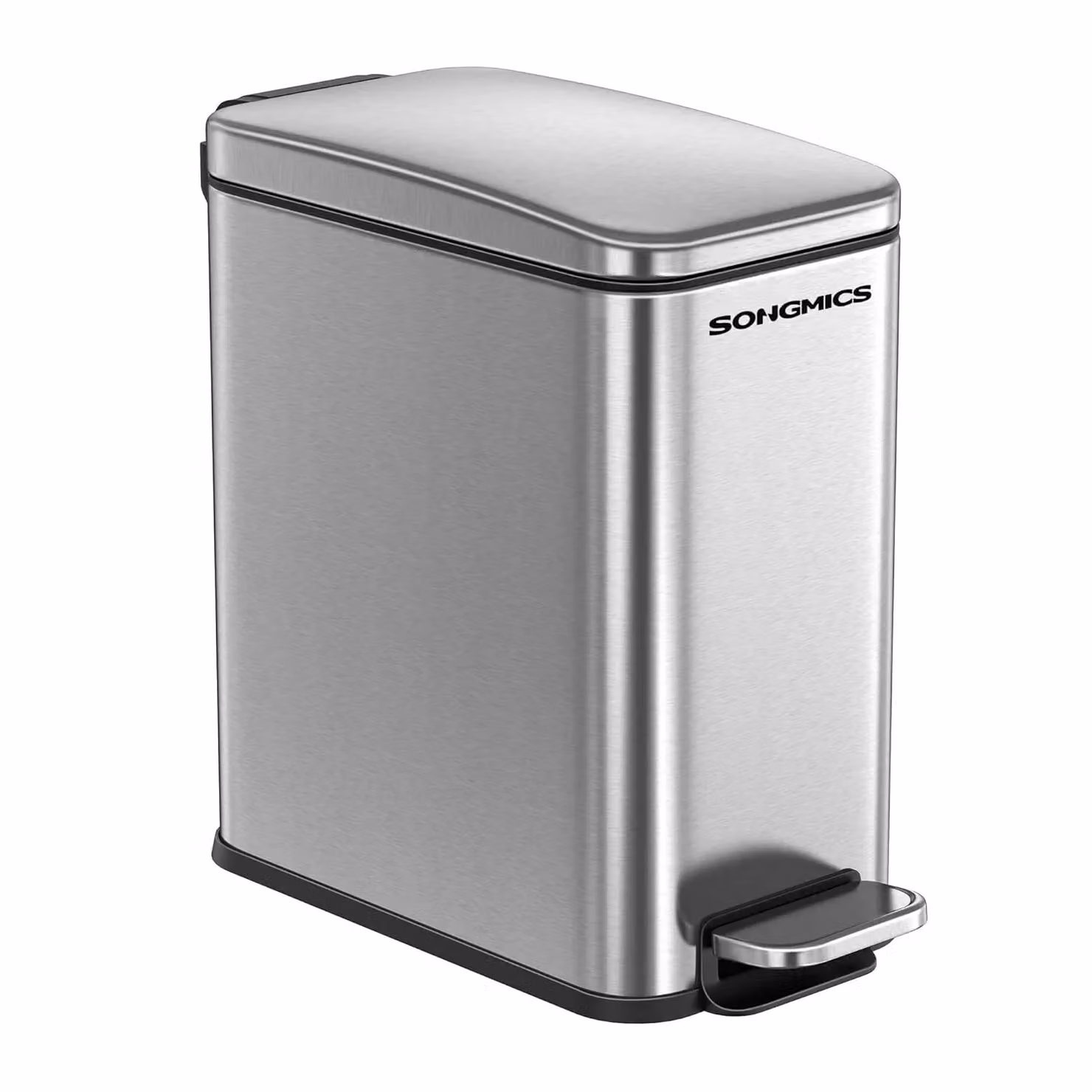 SONGMICS Slim Pedal Bin with Soft Close Lid and Removable Inner Bucket, Silver Steel – 3