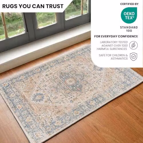 Livabliss Lilian Washable Vintage Boho Rectangular Rug in Blue and Brown, W/D/H: 90 x 60 x 0.35 cm – 7